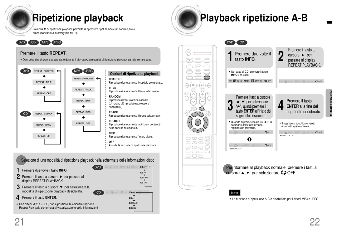 Samsung HTDB120TH/EDC manual Ripetizione playback, Playback ripetizione A-B, Premere il tasto Repeat 