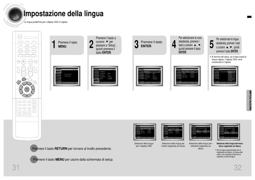 Samsung HTDB120TH/EDC manual Impostazione della lingua, Premere il tasto Menu, Per selezionare la voce, Tasti a cursore 