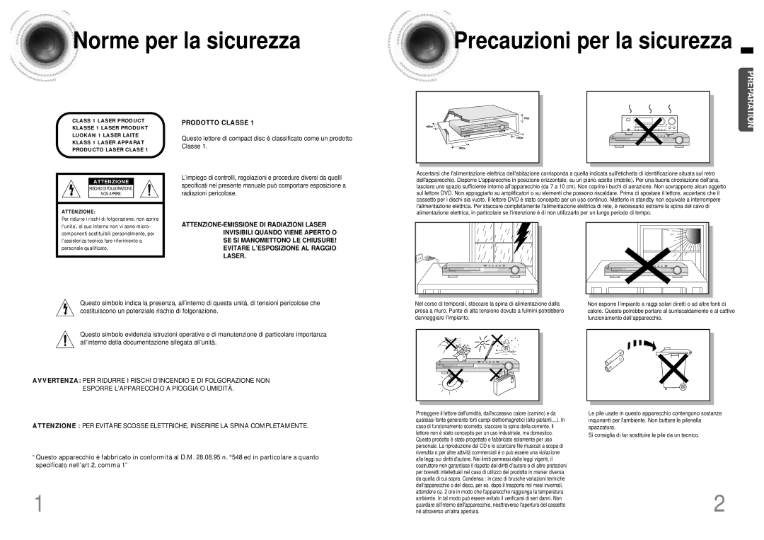 Samsung HTDB120TH/EDC manual Norme per la sicurezza Precauzioni per la sicurezza, Attenzione 