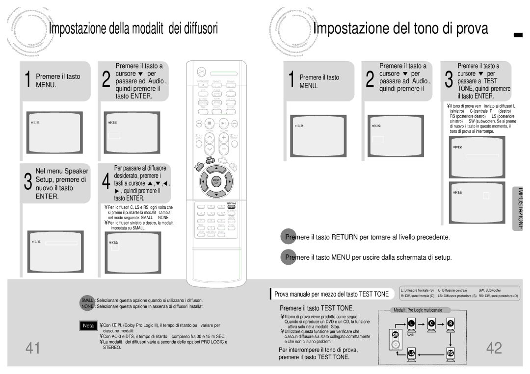 Samsung HTDB120TH/EDC manual Passare ad ‘Audio’, Quindi premere il, Menu, Premere il tasto Test Tone 