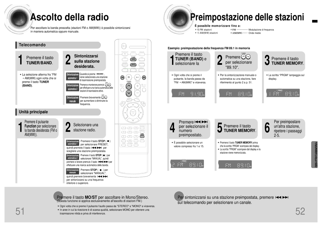 Samsung HTDB120TH/EDC manual Ascolto della radio, Telecomando, Unità principale, 1TUNER Band e selezionare la 