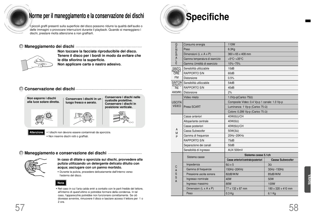 Samsung HTDB120TH/EDC manual Specifiche, Non esporre i dischi, Alla luce solare diretta Luogo fresco e aerato 