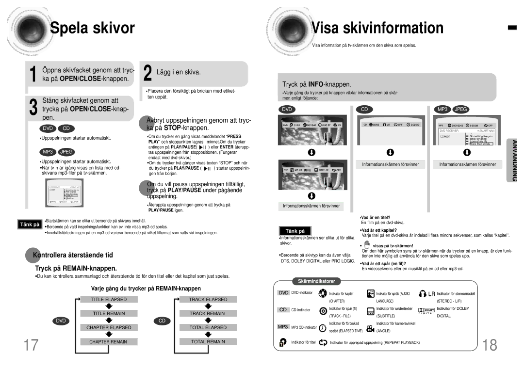 Samsung HTDB120TH/EDC manual Spela skivor, Visa skivinformation, Avbryt uppspelningen genom att tryc- ka på STOP-knappen 