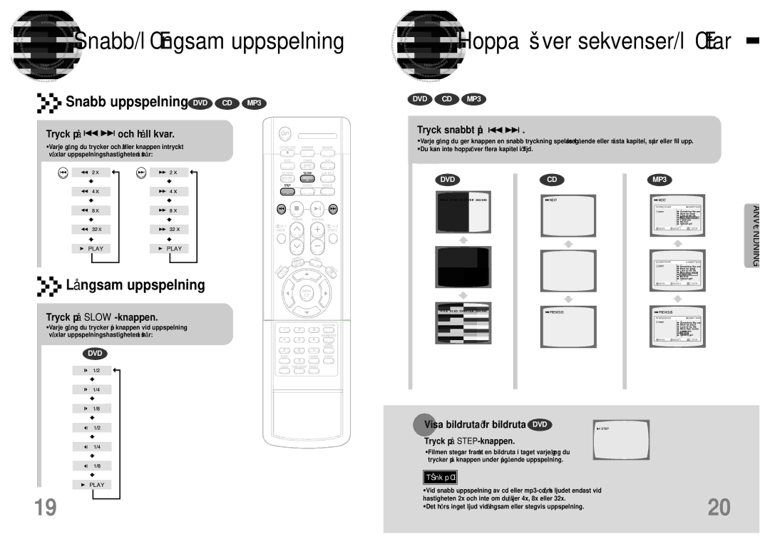 Samsung HTDB120TH/EDC manual Snabb/lå ngsam uppspelning, Hoppa ö ver sekvenser/lå tar 