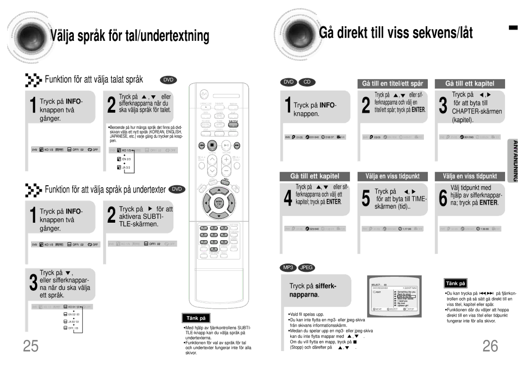 Samsung HTDB120TH/EDC manual 1Tryck på INFO- knappen, Tryck på Eller sifferknappar Na när du ska välja Ett språk 