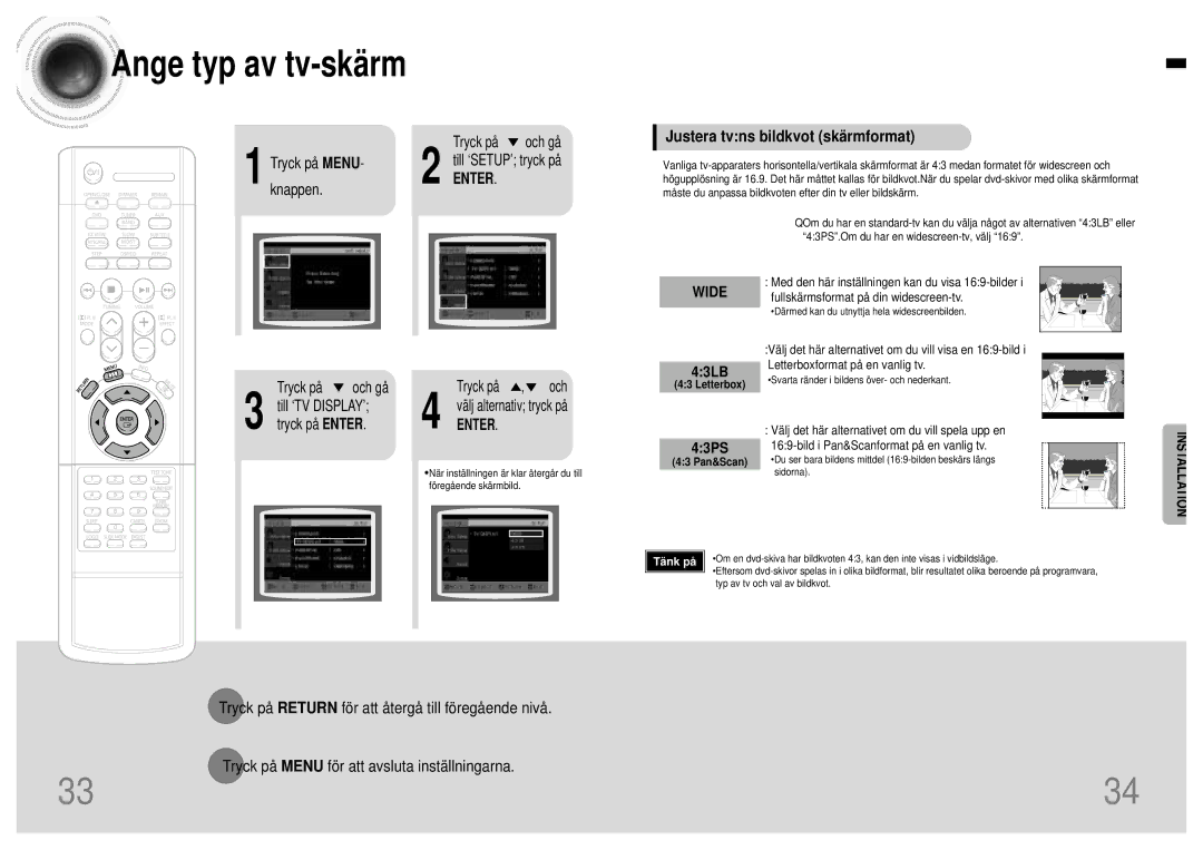 Samsung HTDB120TH/EDC Justera tvns bildkvot skärmformat, 43LB, 43PS, Tryck på och gå Till ‘TV DISPLAY’ tryck på Enter 