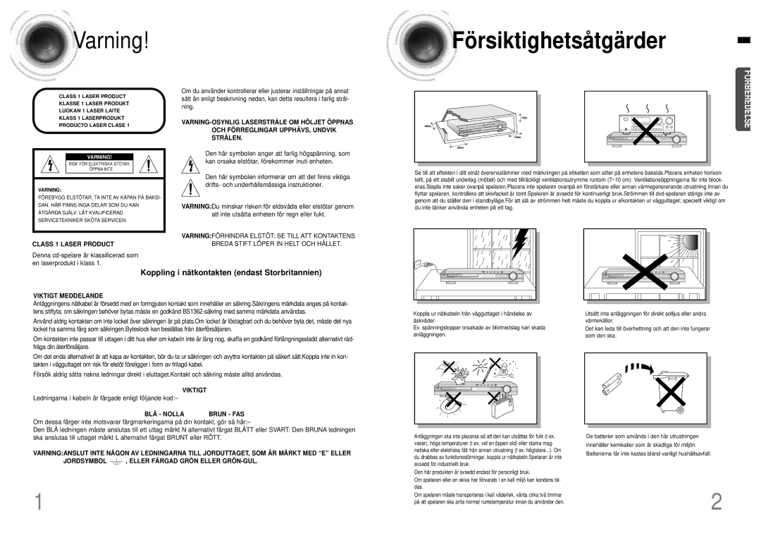 Samsung HTDB120TH/EDC manual Försiktighetsåtgärder, Koppling i nätkontakten endast Storbritannien 