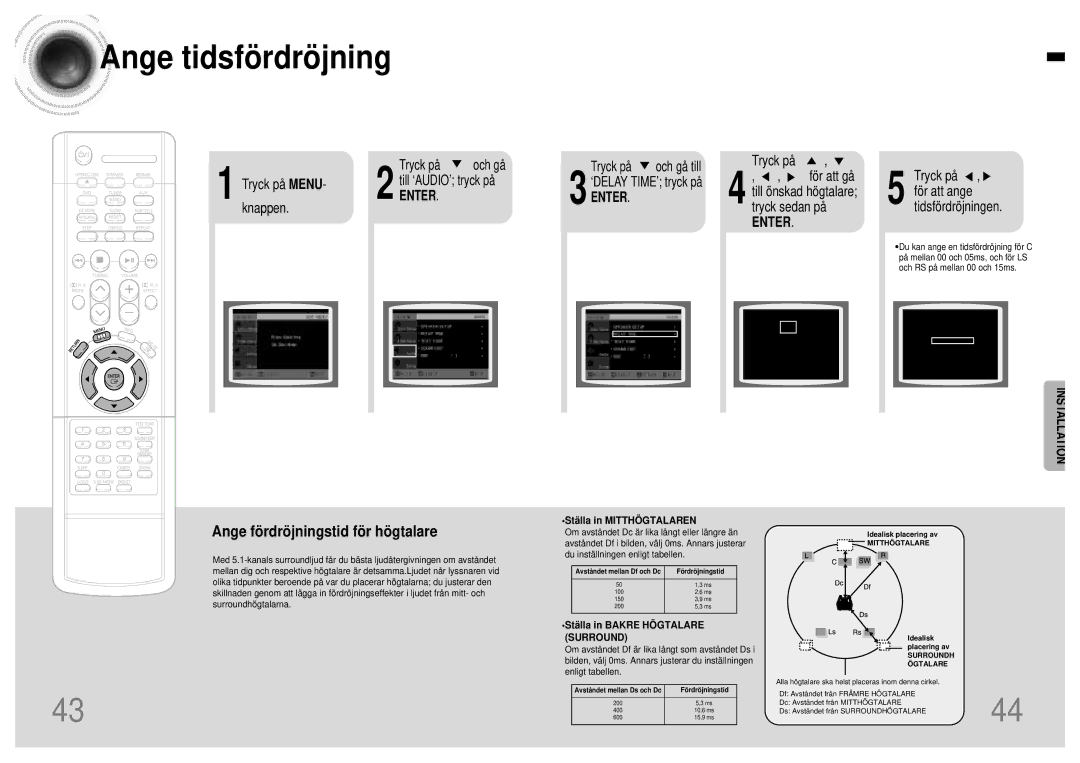 Samsung HTDB120TH/EDC manual Ange tidsfördröjning, Tryck på , 5 för att ange Tidsfördröjningen, Enter 