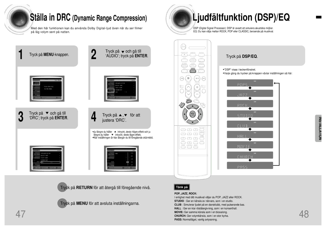 Samsung HTDB120TH/EDC manual Tryck på och gå till, Tryck på DSP/EQ, Tryck på För att Justera ‘DRC’ 