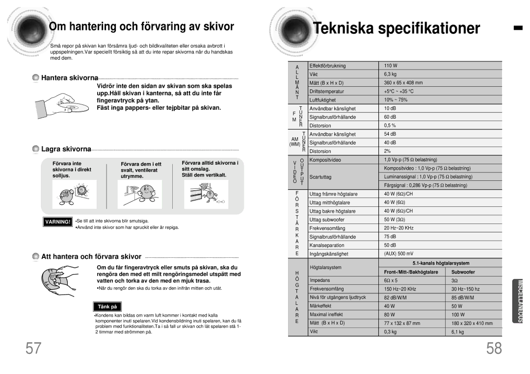 Samsung HTDB120TH/EDC manual Tekniska specifikationer, Fö rvara inte, Fö rvara dem i ett, Kanals hö gtalarsystem 