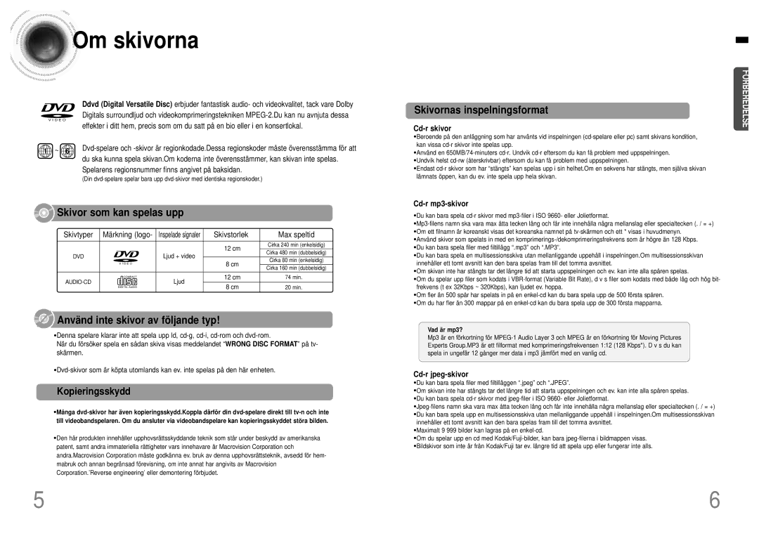 Samsung HTDB120TH/EDC manual Om skivorna, Kopieringsskydd, Cd-r skivor, Cd-r mp3-skivor, Cd-r jpeg-skivor 