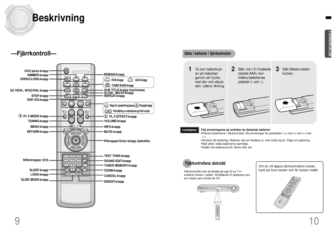 Samsung HTDB120TH/EDC manual Genom att trycka, Ned den och skjuta, Den i pilens riktning Sätt tillbaka batter- iluckan 