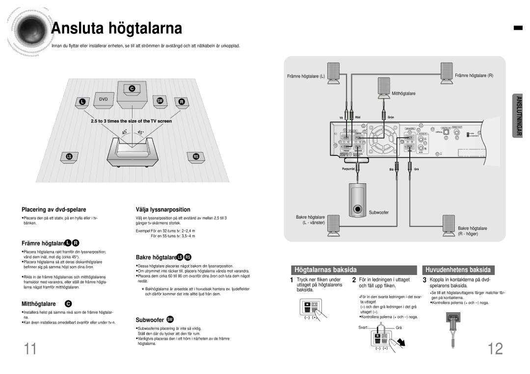 Samsung HTDB120TH/EDC manual Ansluta hö gtalarna 