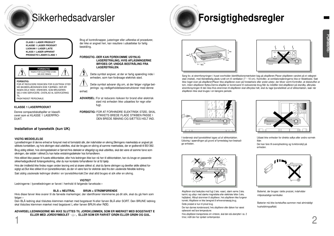 Samsung HTDB120TH/EDC manual Forsigtighedsregler, Installation af lysnetstik kun UK 