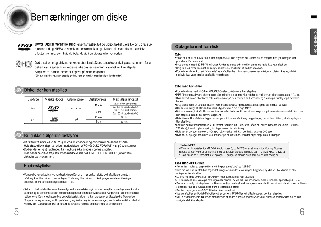 Samsung HTDB120TH/EDC manual Bemærkninger om diske, Kopibeskyttelse, Cd-r med MP3-filer, Cd-r med JPEG-filer 