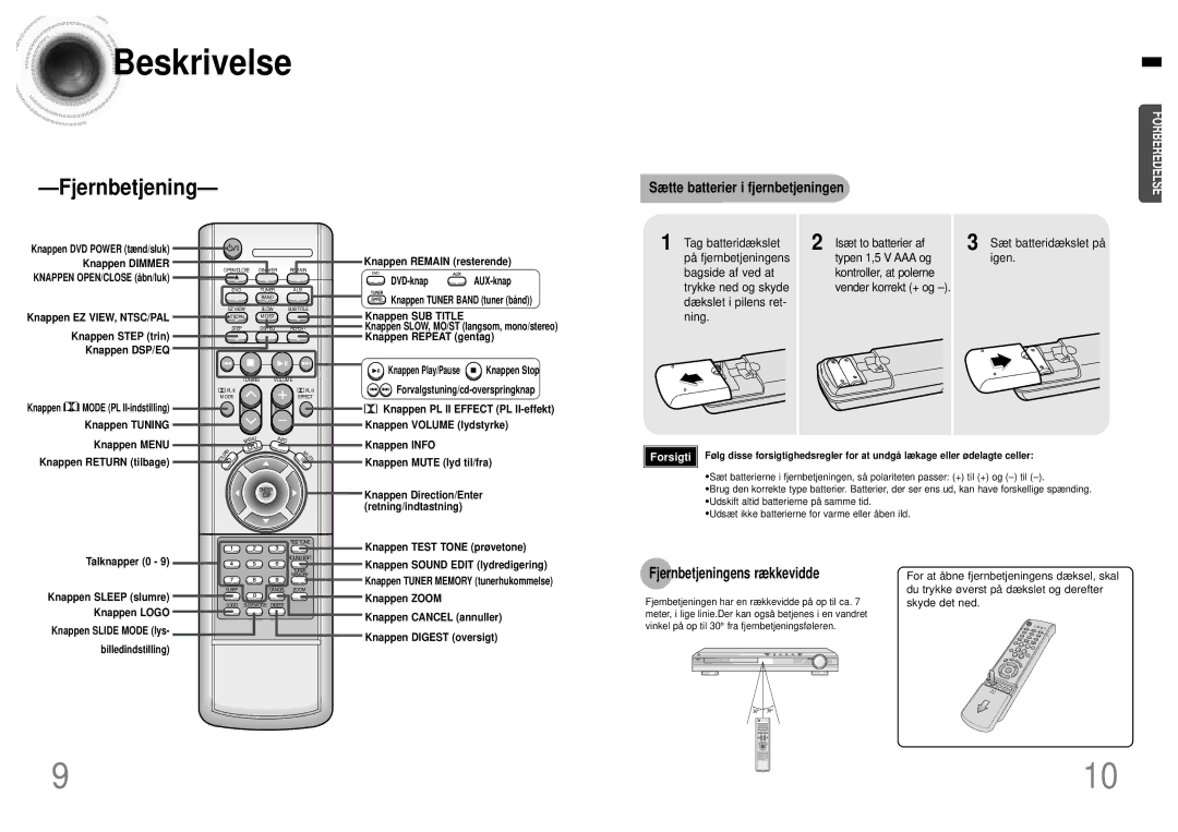 Samsung HTDB120TH/EDC Sæt batteridækslet på igen, Fjernbetjeningens rækkevidde, Du trykke ø verst på dækslet og derefter 