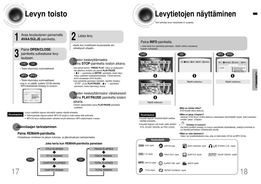 Samsung HTDB120TH/EDC manual Levyn toisto, Levytietojen nä yttä minen, Paina OPEN/CLOSE 