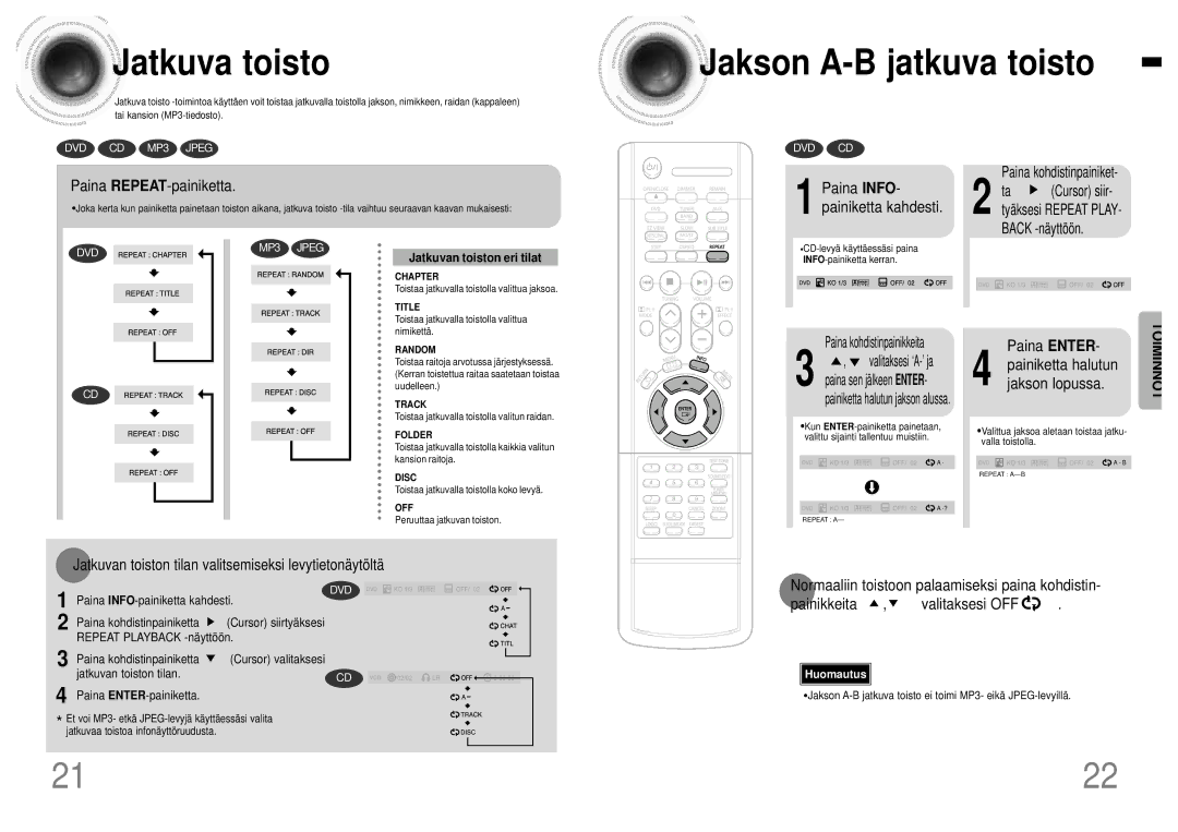 Samsung HTDB120TH/EDC manual Jatkuva toisto, Jakson A-B jatkuva toisto 