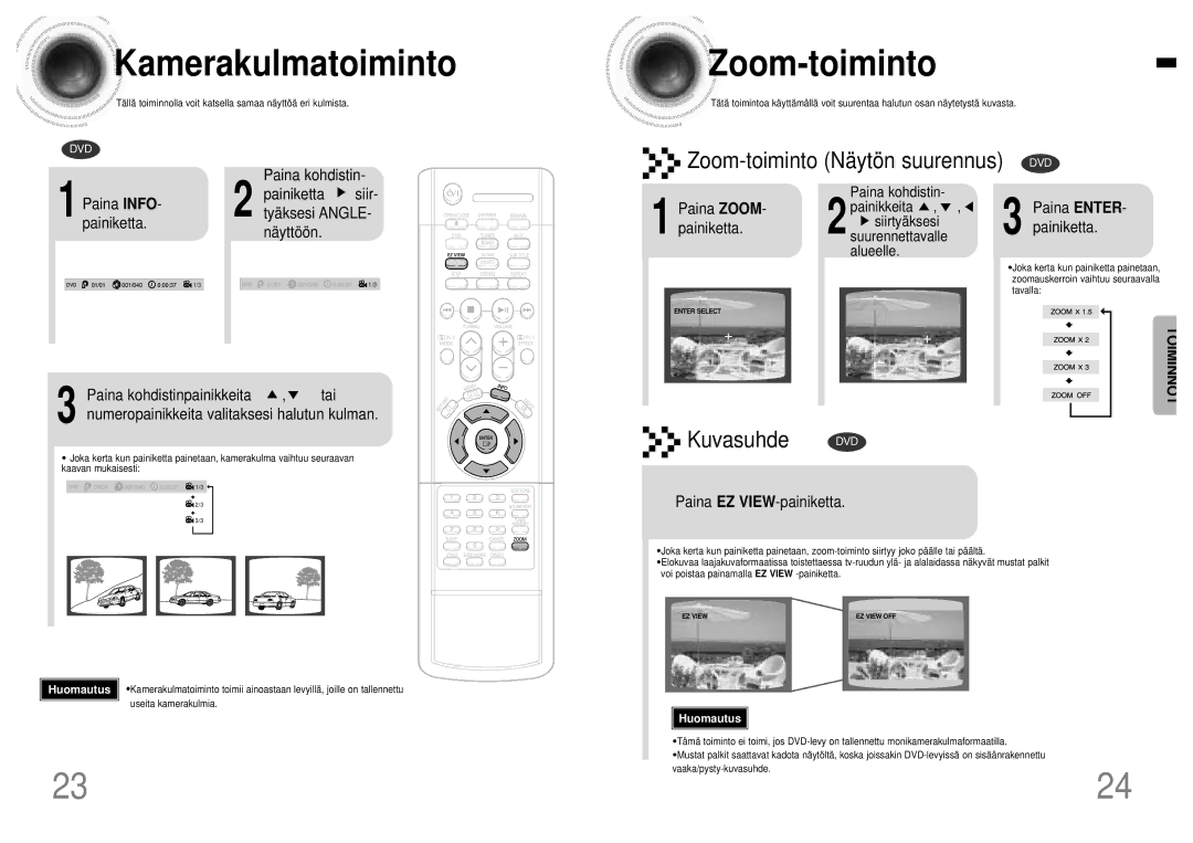 Samsung HTDB120TH/EDC manual Kamerakulmatoiminto, Zoom -toiminto, Paina Info Painiketta Siir Tyäksesi Angle 