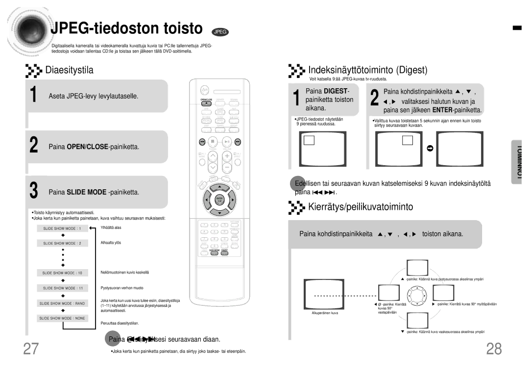 Samsung HTDB120TH/EDC manual JPEG-tiedoston toisto Jpeg, Aseta JPEG-levy levylautaselle Paina OPEN/CLOSE-painiketta 