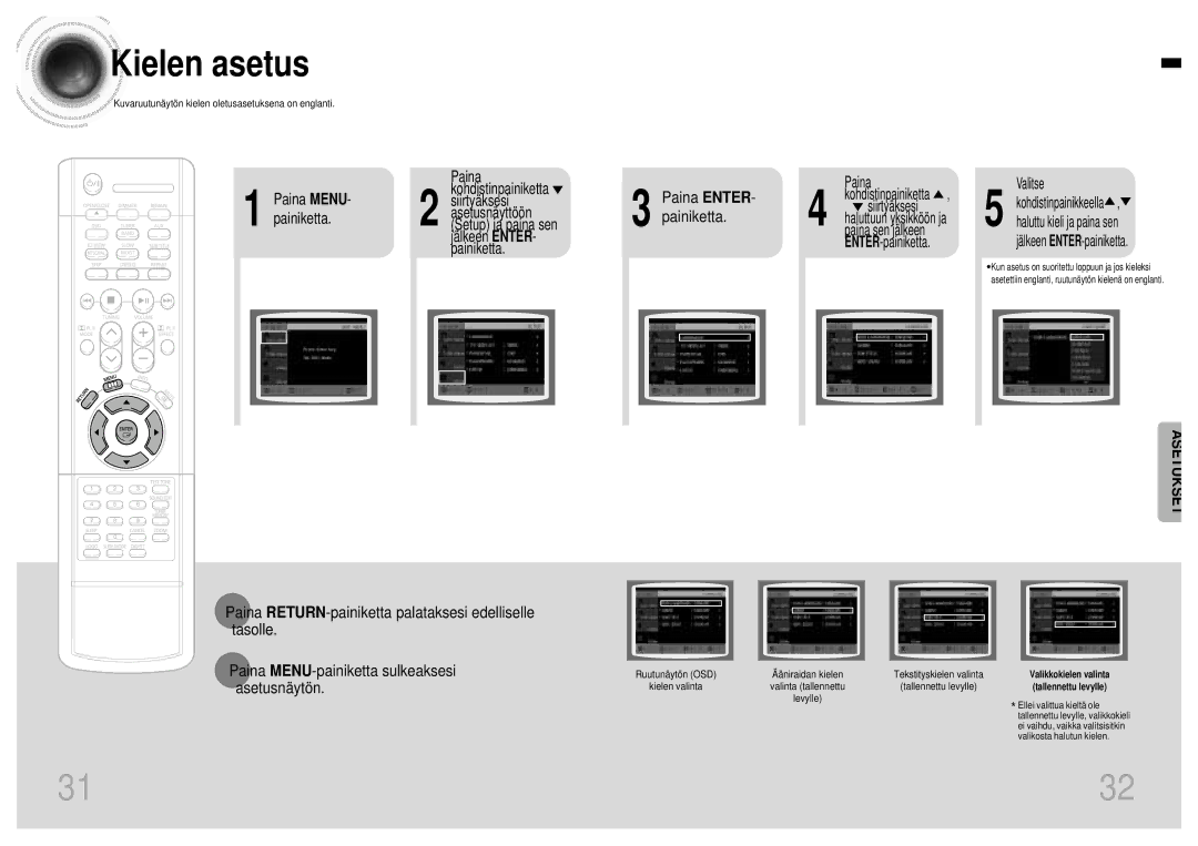 Samsung HTDB120TH/EDC manual Kielen asetus, Paina ENTER- painiketta, Paina MENU- painiketta, Ääniraidan kielen 