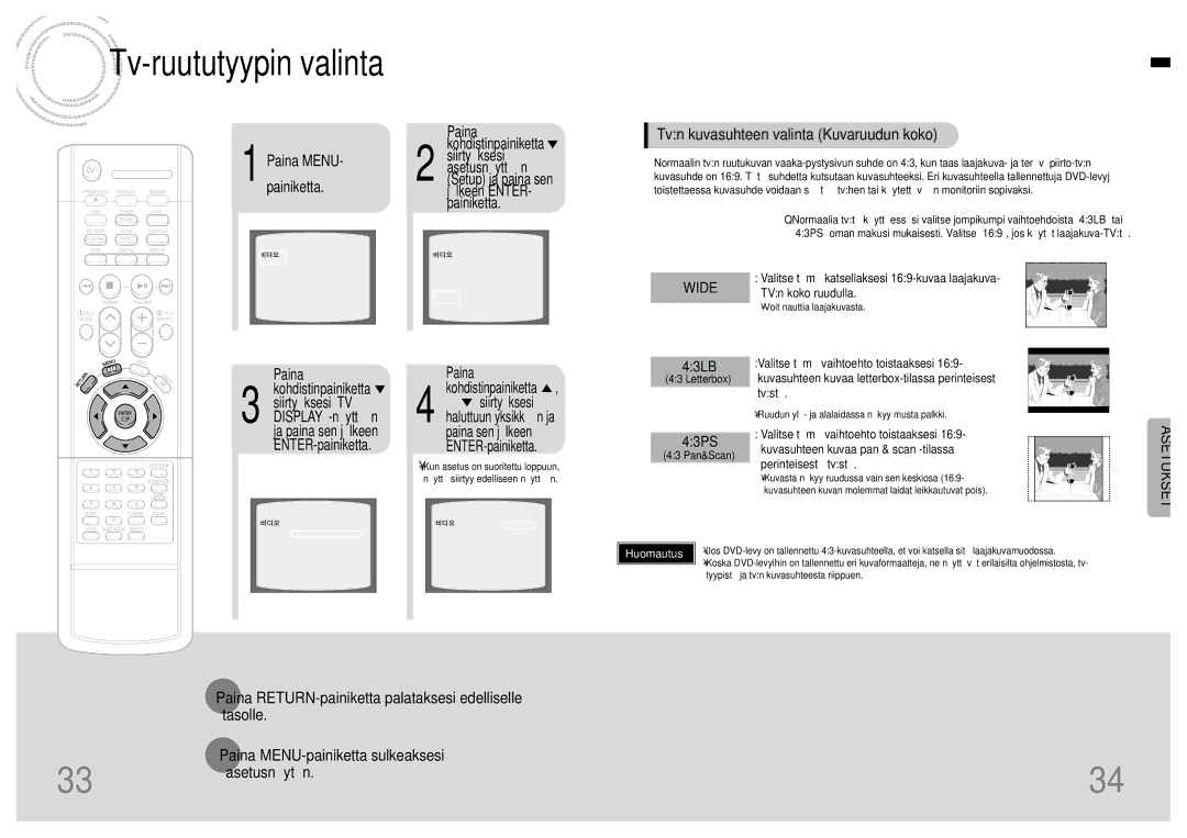 Samsung HTDB120TH/EDC manual Tvn kuvasuhteen valinta Kuvaruudun koko, 43LB, 43PS 