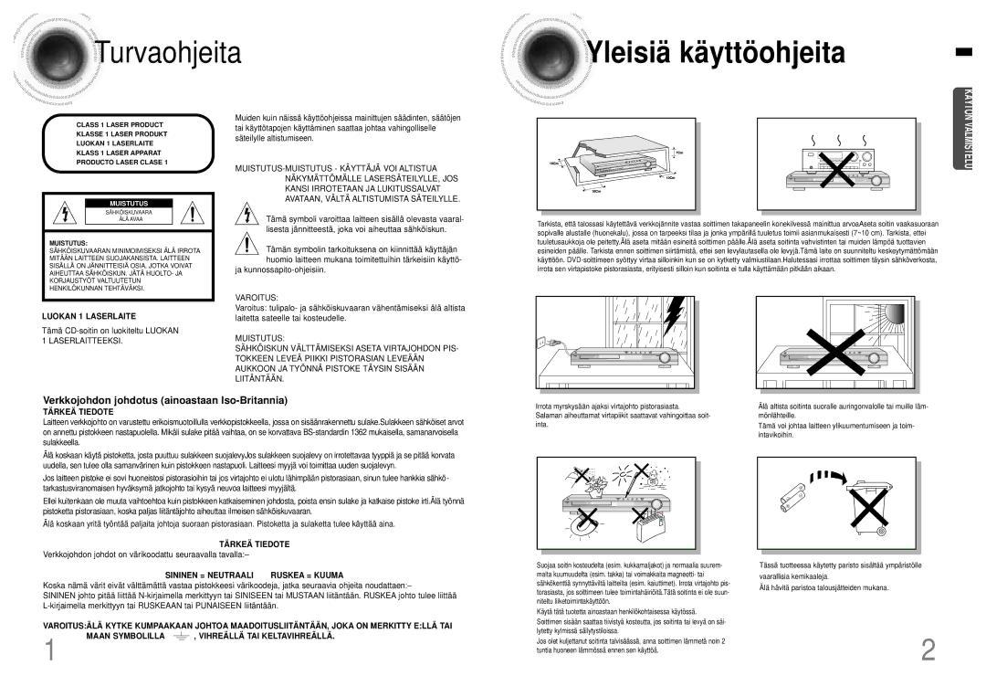 Samsung HTDB120TH/EDC manual Yleisiä käyttöohjeita, Verkkojohdon johdotus ainoastaan Iso-Britannia 