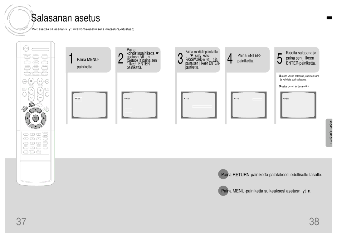 Samsung HTDB120TH/EDC manual Salasanan asetus, Paina Menu, Paina ENTER- painiketta 