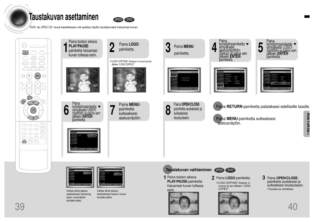 Samsung HTDB120TH/EDC manual Paina Menu Painiketta sulkeaksesi asetusnäytön, Taustakuvan vaihtaminen, Esiin 