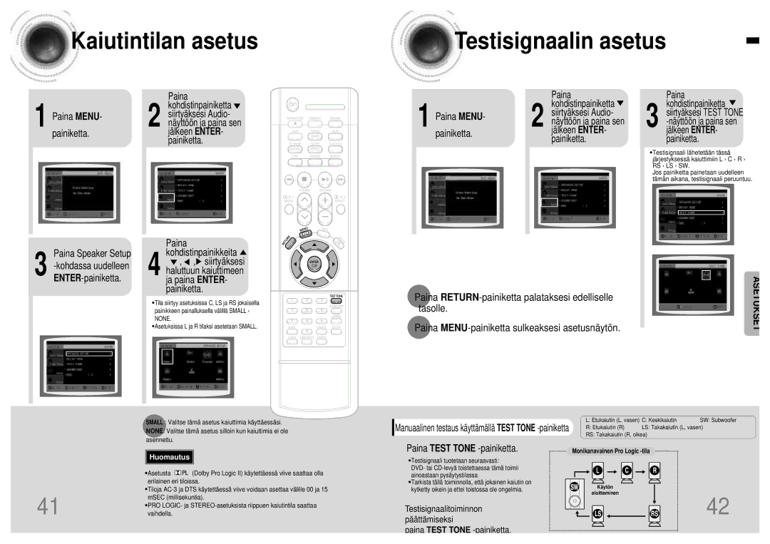 Samsung HTDB120TH/EDC manual Kaiutintilan asetus Testisignaalin asetus 