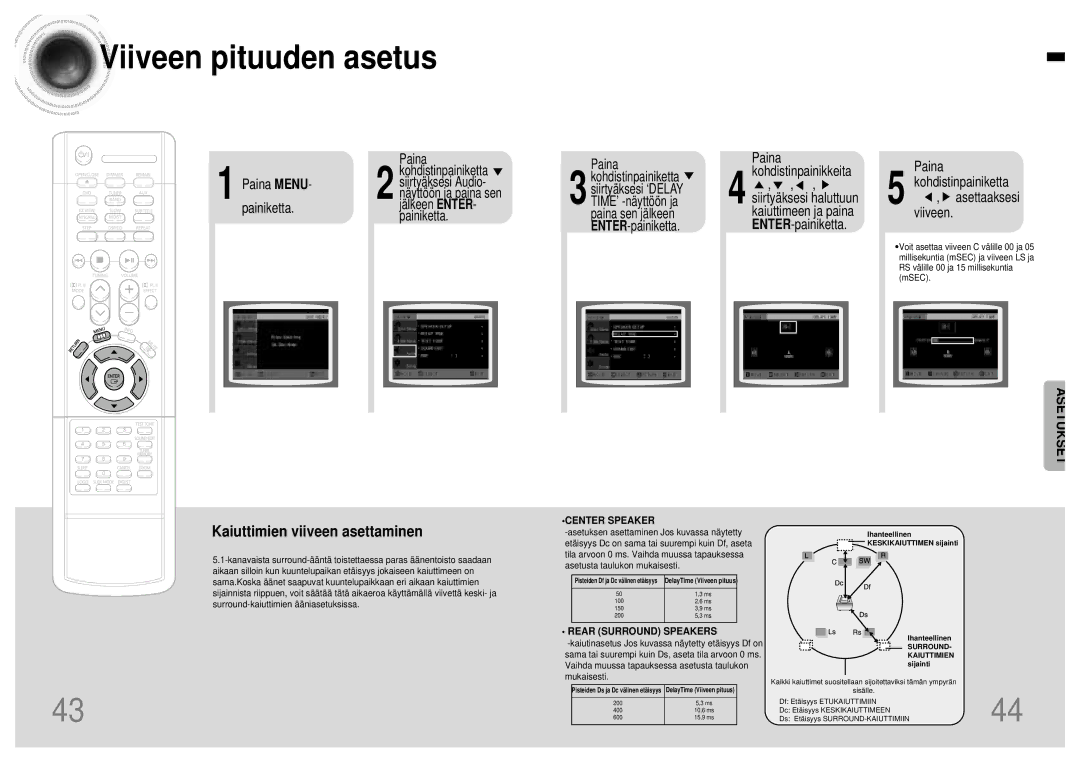 Samsung HTDB120TH/EDC manual Viiveen pituuden asetus, Paina Kohdistinpainiketta , asettaaksesi Viiveen, Siirtyäksesi Audio 