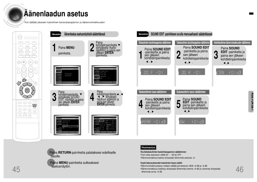 Samsung HTDB120TH/EDC Äänenlaadun asetus, Paina RETURN-painiketta palataksesi edelliselle tasolle, Haluttuun yksikköö n ja 