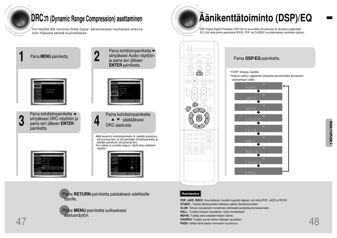 Samsung HTDB120TH/EDC manual Paina kohdistinpainiketta, Ja paina sen jälkeen, ENTER-painiketta, Paina DSP/EQ-painiketta 