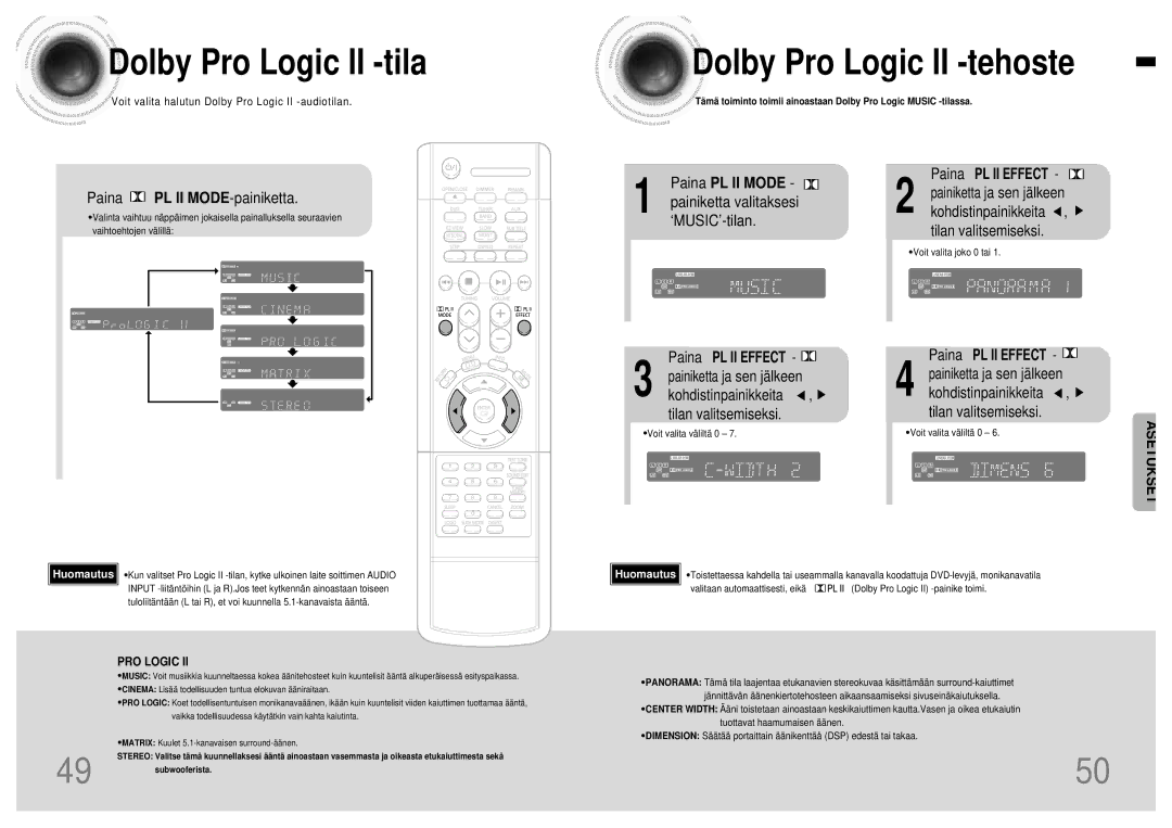 Samsung HTDB120TH/EDC manual Dolby Pro Logic II -tila, Dolby Pro Logic II -tehoste 