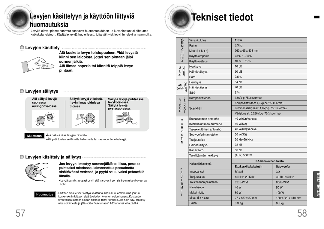 Samsung HTDB120TH/EDC manual Tekniset tiedot, Kanavainen toisto, Etu/keski/takakaiutin Subwoofer 