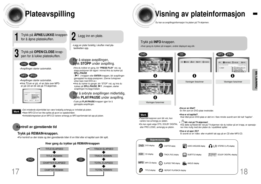 Samsung HTDB120TH/EDC Plateavspilling, Visning av plateinformasjon, Kontroll av gjenstå ende tid Trykk på REMAIN-knappen 