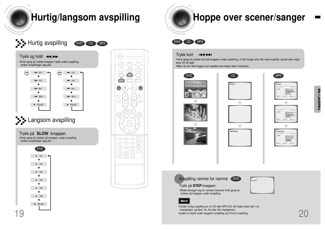 Samsung HTDB120TH/EDC manual Hurtig/langsom avspilling, Hoppe over scener/sanger 