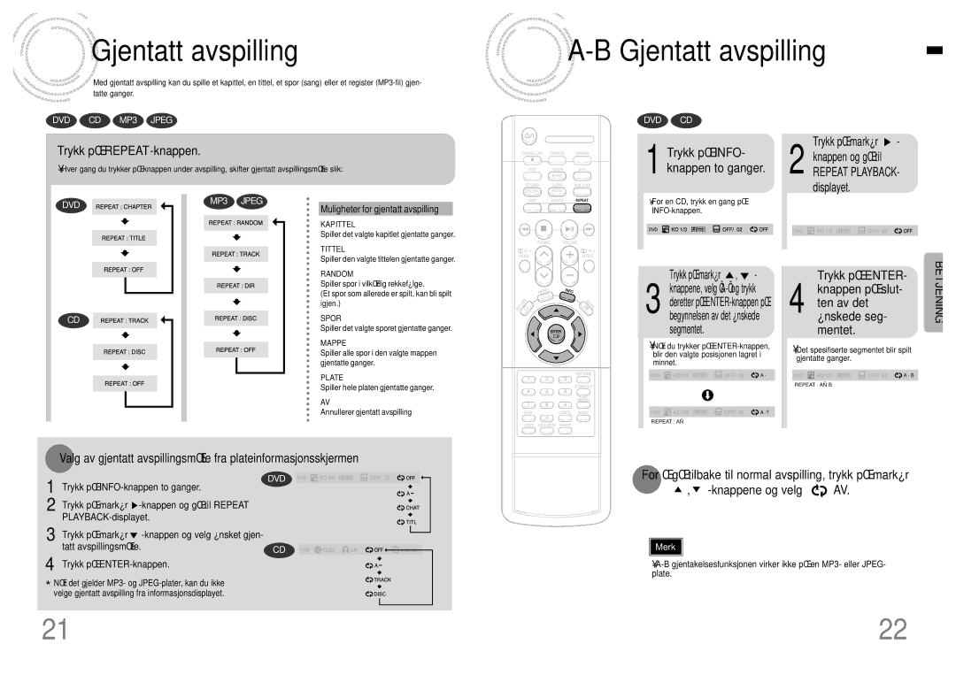 Samsung HTDB120TH/EDC manual Gjentatt avspilling, Trykk på REPEAT-knappen, Trykk på INFO- knappen to ganger 