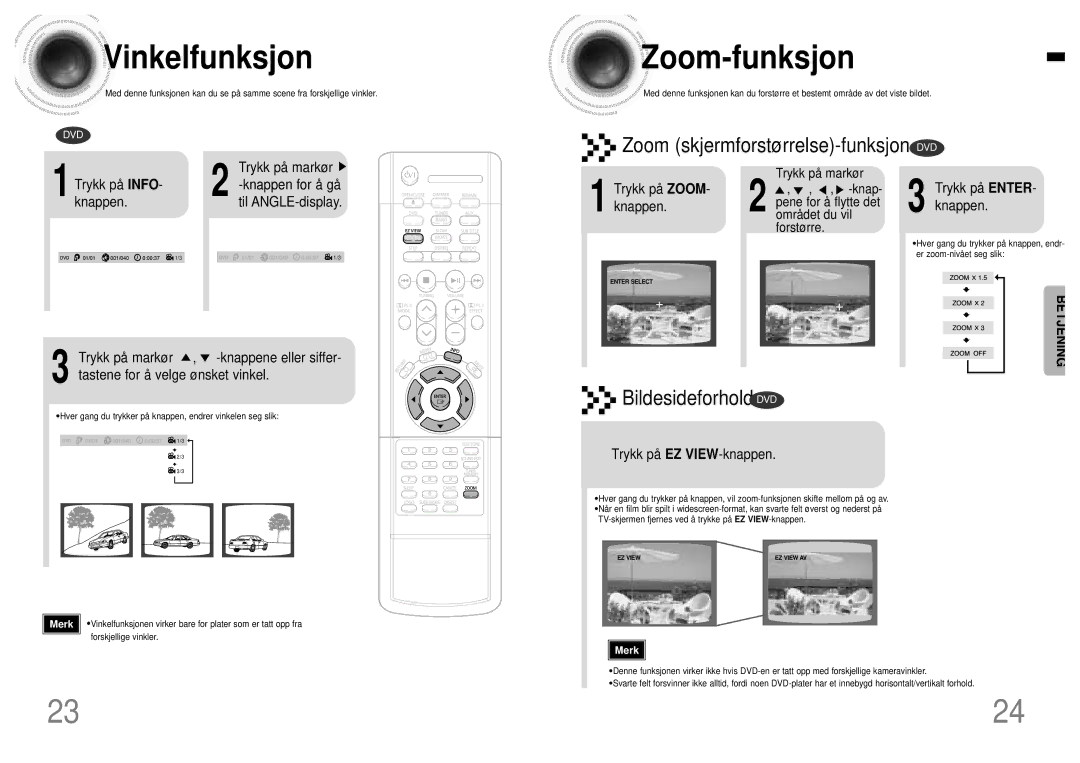 Samsung HTDB120TH/EDC manual Vinkelfunksjon, Zoom -funksjon 