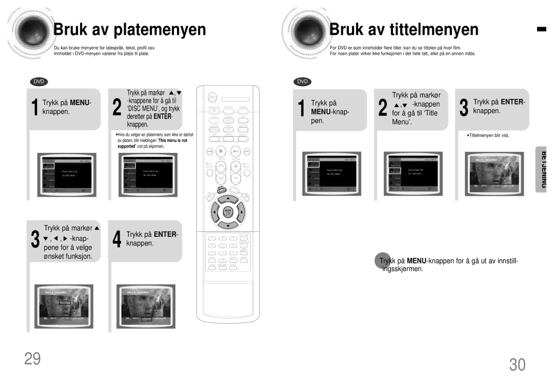 Samsung HTDB120TH/EDC manual Bruk av platemenyen, Bruk av tittelmenyen, Trykk på MENU- knappen, Tittelmenyen blir vist 