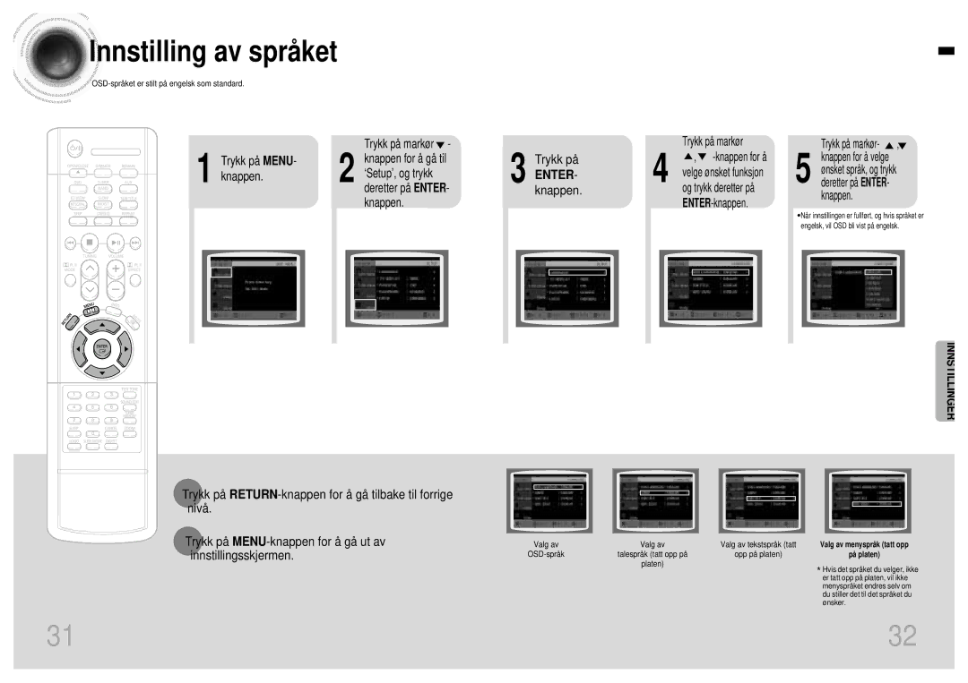 Samsung HTDB120TH/EDC manual Innstilling av språket, Trykk på MENU- knappen 