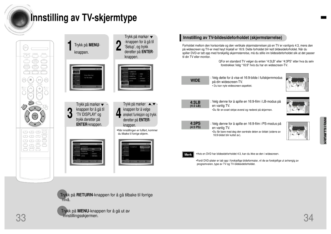 Samsung HTDB120TH/EDC manual Innstilling av TV-bildesideforholdet skjermstørrelse, 43LB, 43PS, En vanlig TV 