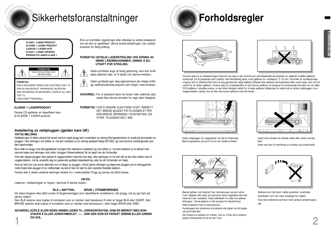 Samsung HTDB120TH/EDC manual Forholdsregler, Installering av nettpluggen gjelder bare UK 