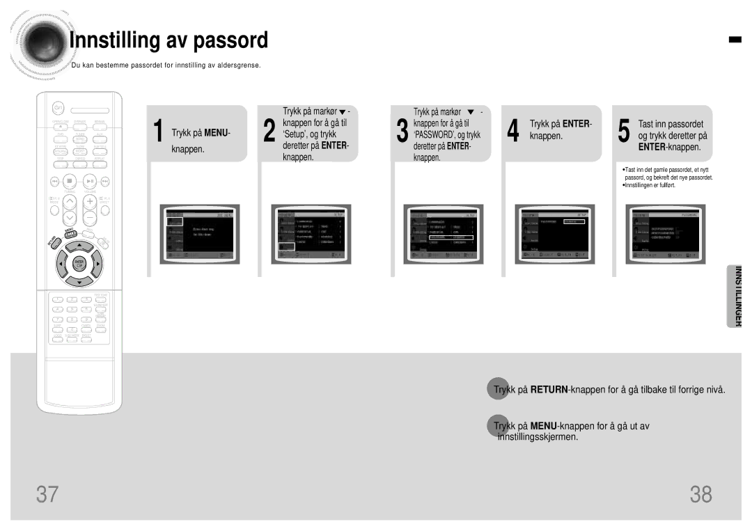 Samsung HTDB120TH/EDC manual Innstilling av passord, Trykk på Menu Knappen, Trykk på Enter 