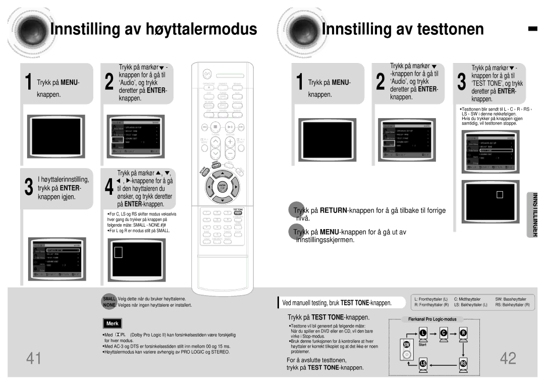 Samsung HTDB120TH/EDC Innstilling av høyttalermodus Innstilling av testtonen, Trykk på MENU- knappen Hø yttalerinnstilling 