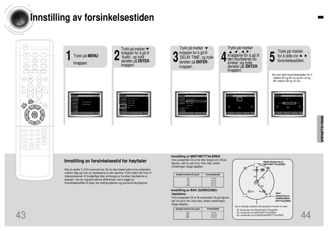 Samsung HTDB120TH/EDC manual Innstilling av forsinkelsestiden, Trykk på Menu, Trykk på markø r, ‘Audio’, og trykk 