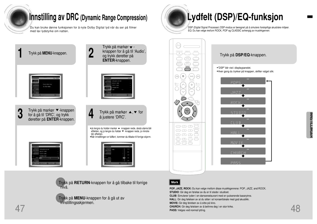 Samsung HTDB120TH/EDC Og trykk deretter på, Trykk på DSP/EQ-knappen, Trykk på markø r -knappen, Trykk på markø r , for 