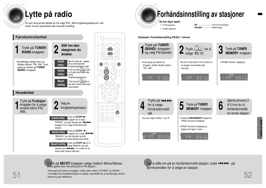 Samsung HTDB120TH/EDC manual Lytte på radio, Fjernkontrollenhet, Still inn den Stasjonenønsker. du, Hovedenhet 