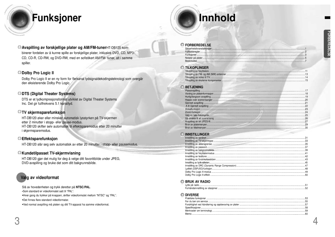 Samsung HTDB120TH/EDC manual Funksjoner, Valg av videoformat 