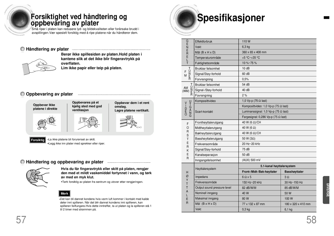 Samsung HTDB120TH/EDC manual Spesifikasjoner, Oppbevar ikke Oppbevares på et, Omslag, Platene i direkte Ventilasjon 